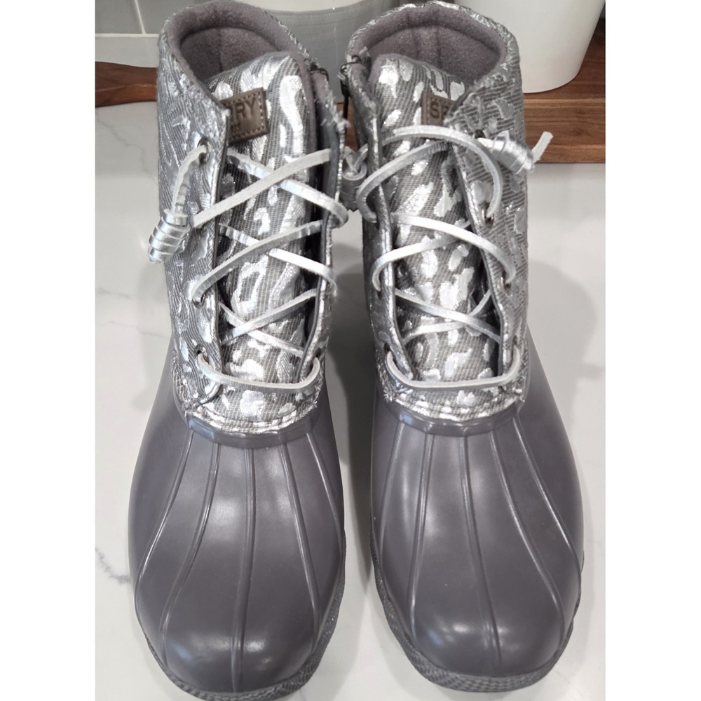 Sperry Top-Sider Saltwater Jacquard Silver Leopard Duck Boots STS87899 Womens 9
